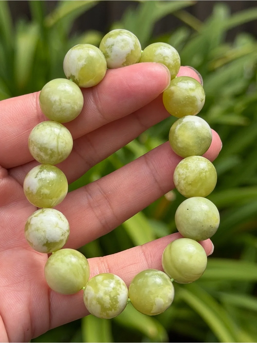 14mm stretchable milky green white Xiuyu jade bracelet 2322